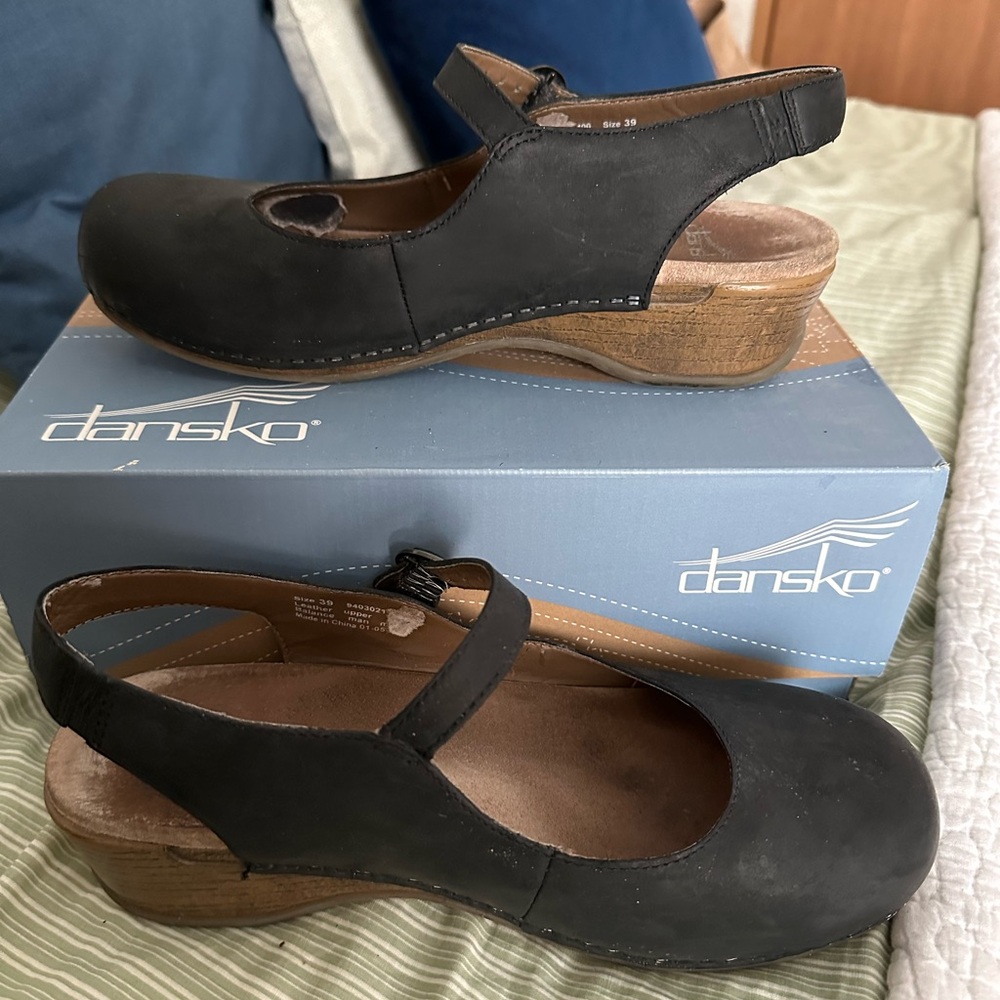 Dansko Black Mary Jane Slingback Clogs with Gold Buckle - Picture 2 of 6